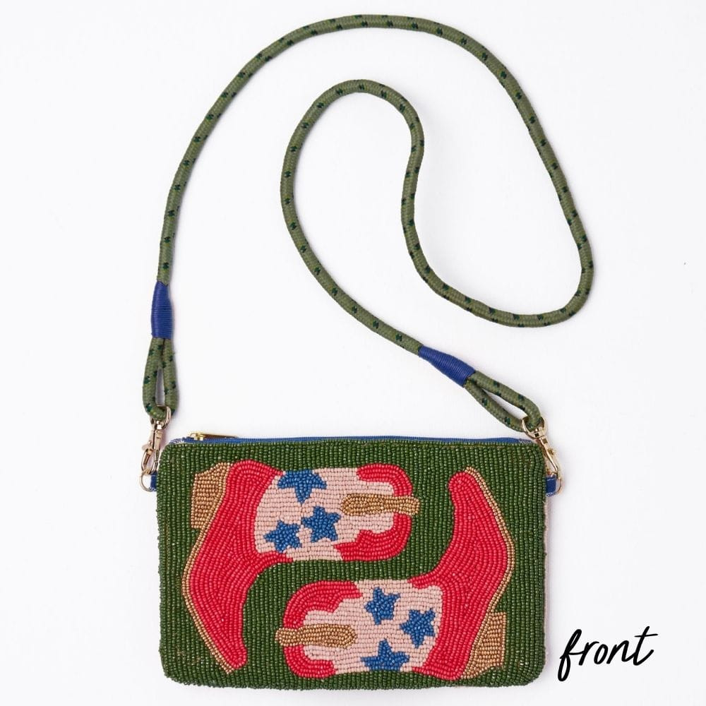 Leila Red Boots Seed Bead Clutch With Strap | INK+ALLOY