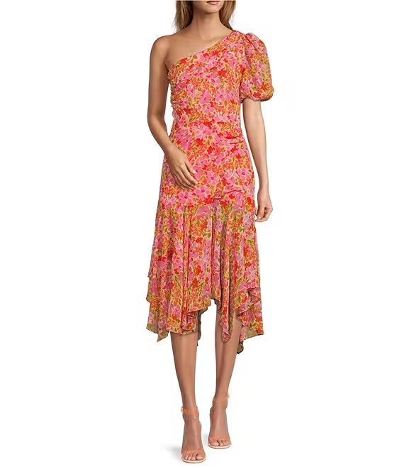 ASTR the Label Santorini Floral Print One Shoulder Short Puff Sleeve Handkerchief Hem Midi Dress ... | Dillard's