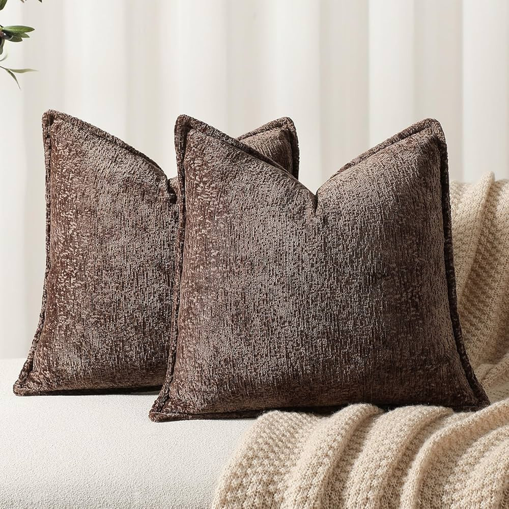 DEZENE Pack of 2 Chocolate Brown Decorative Throw Pillow Covers 20x20 Cozy Soft Chenille Accent V... | Amazon (US)