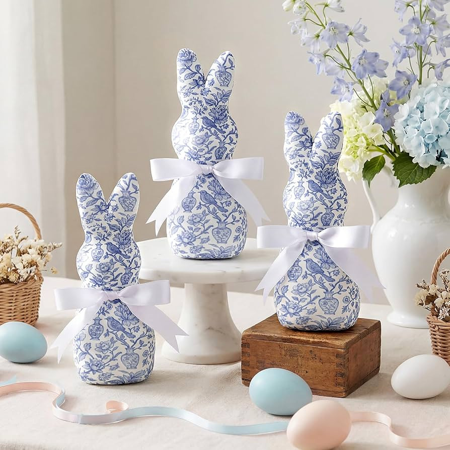 3 Pcs Easter Bunny Decorations Blue and White Chinoiserie Bunny Table Centerpieces Fabric Wrapped... | Amazon (US)