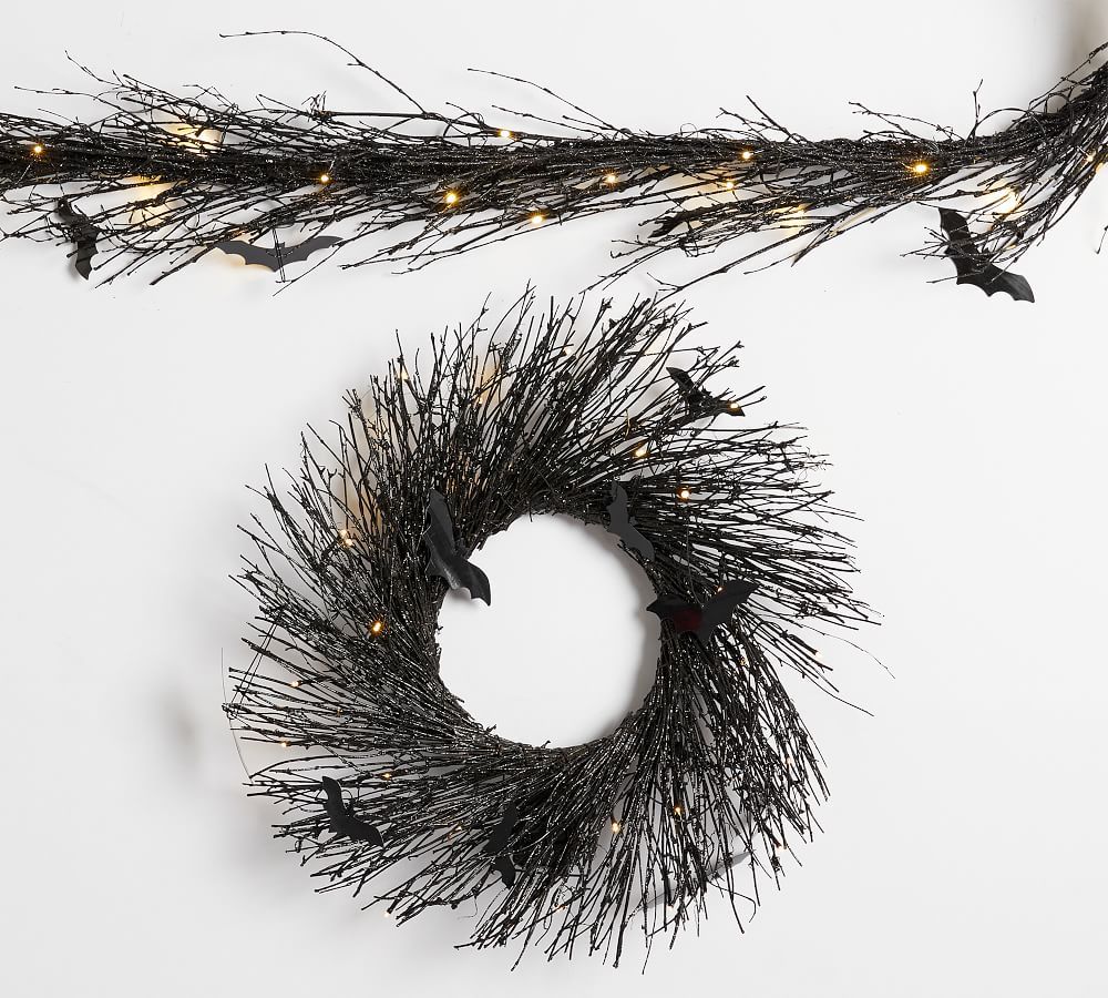 Pre-Lit Black Glitter Branch Wreath and Garland with Bats | Pottery Barn (US)