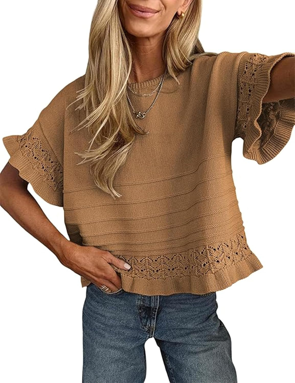 Yeokou Womens Short Sleeve Sweater Round Neck Ruffled Hem Knit Crochet Pullover Summer Fall Casual Top Blouse | Amazon (US)