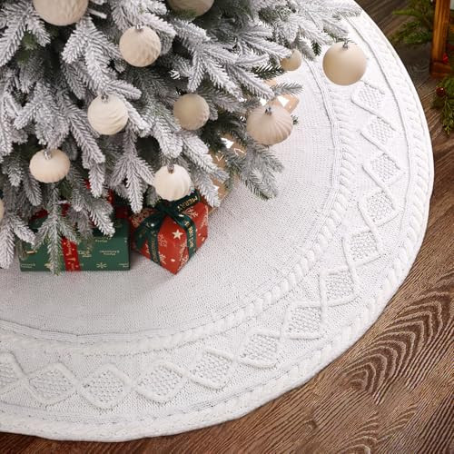 YUJUN 48 inches Christmas Knitted Tree Skirt Decorations Xmas Large White Chunky Cable Farmhouse Thick Rustic Tree Skirt for Merry Christmas Tree Holiday Home Party Decoration | Amazon (US)