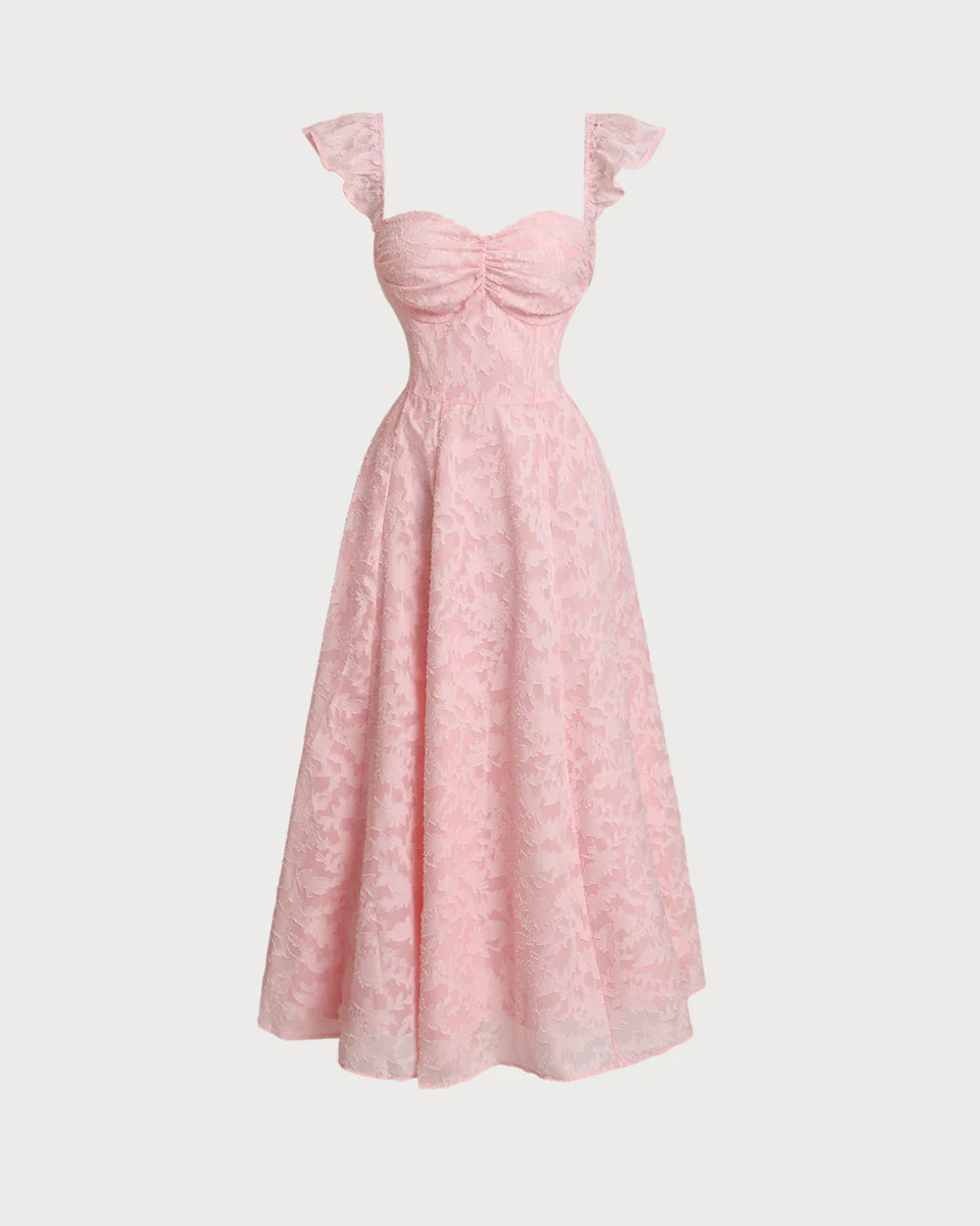 Pink Jacquard Ruched Square Neck Midi Dress | rihoas.com