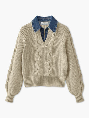 Denim Panel Ribbed Lapel Sweater | Commense
