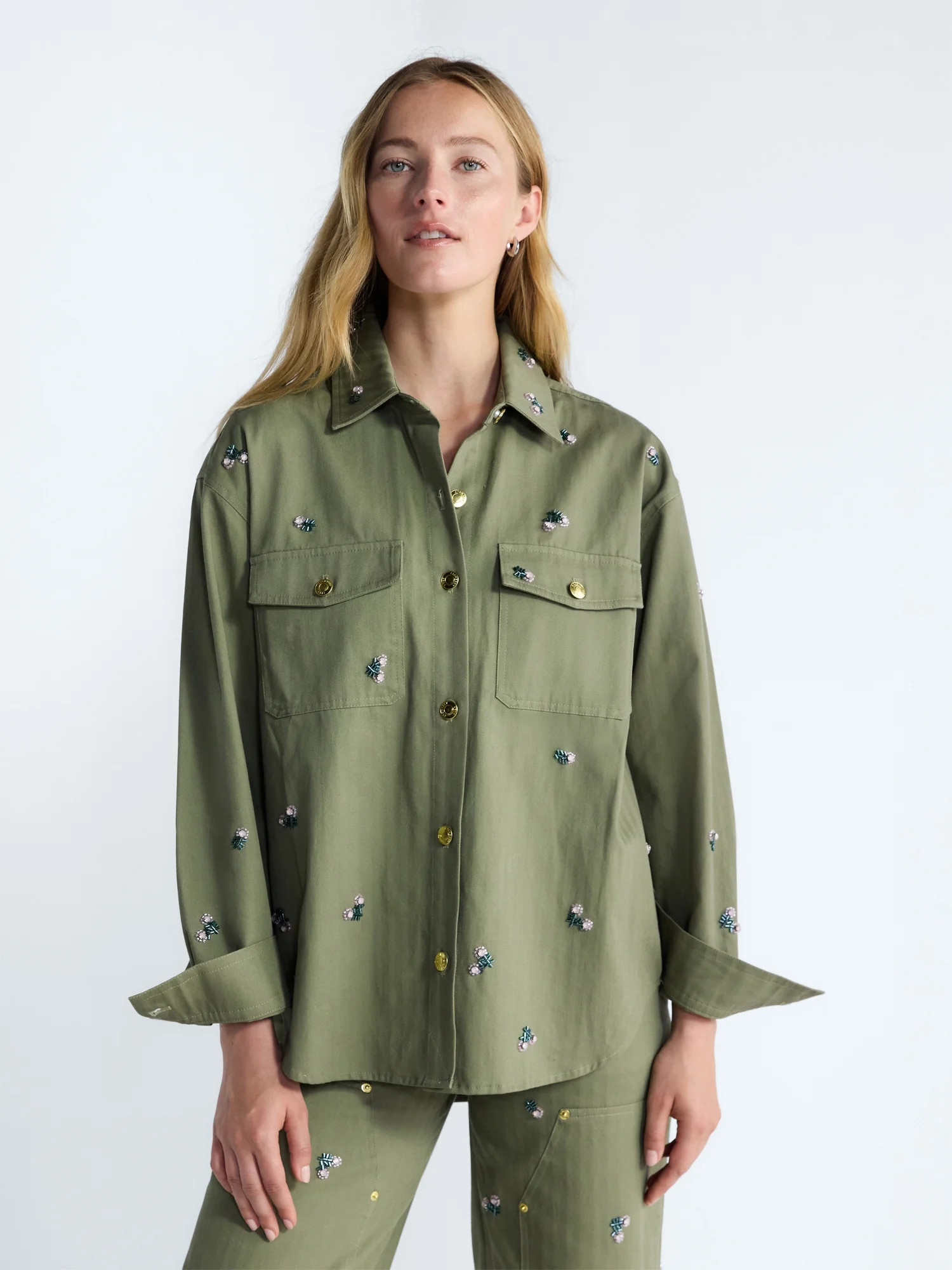 Free Assembly Women's and Women's Plus Embellished Cotton Utility Shirt with Long Sleeves, Sizes ... | Walmart (US)