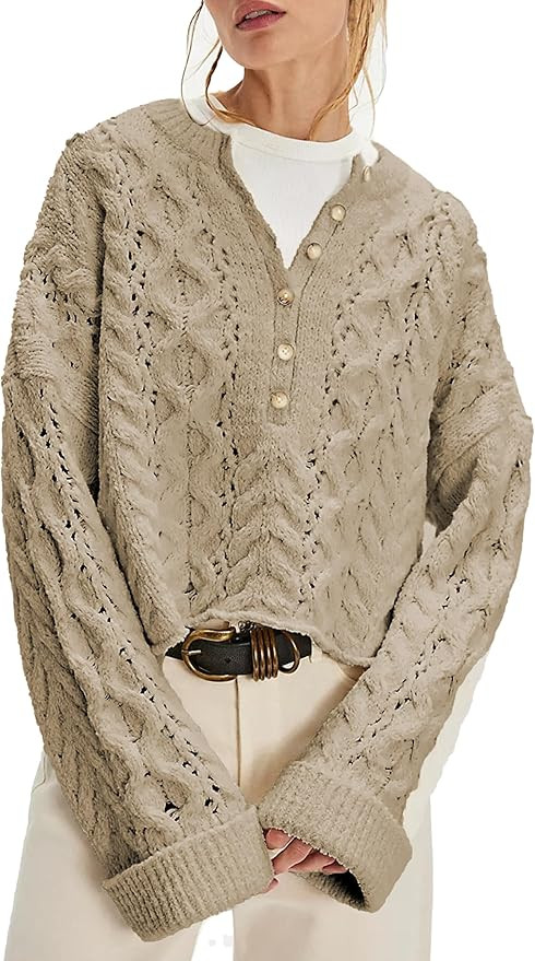 Women's Chunky Cable Knit Sweater Casual Long Sleeve Crewneck Crochet Pullover Boho Fall Winter T... | Amazon (US)