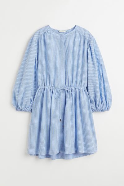 Short dress in a woven linen and cotton blend. Round neckline, concealed button placket, and yoke... | H&M (US)