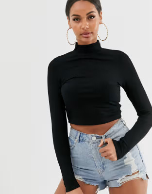 ASOS DESIGN turtleneck long sleeve rib crop top in black | ASOS US
