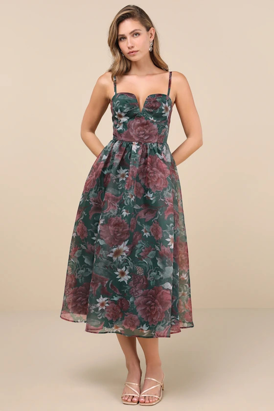 Cherished Aura Green Floral Organza Bustier Midi Dress | Lulus
