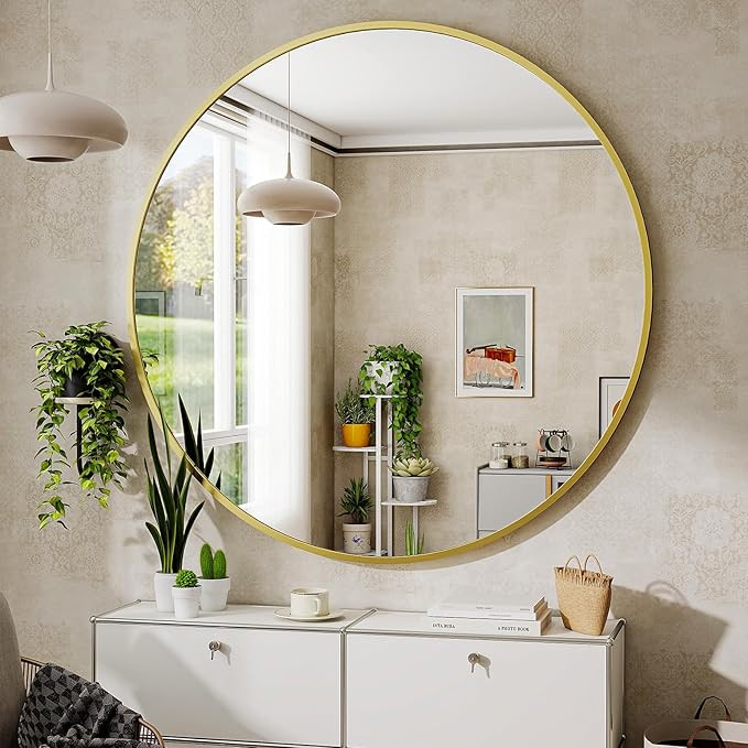 BEAUTYPEAK 24 Inch Round Mirror, Metal Frame Circle Mirror, Gold | Amazon (US)