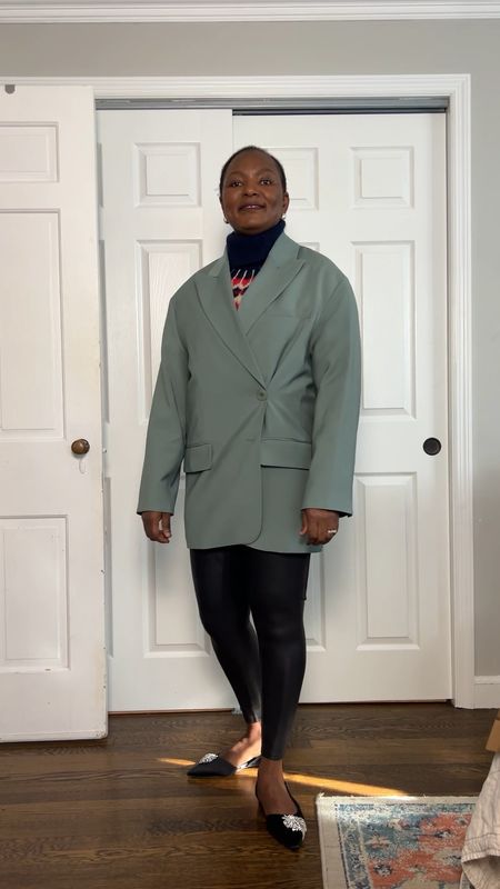 Spanx introduced the faux leather leggings we all know and love lined with fleece. I styled them with a fair aisle sweater and oversized blazer. As it gets colder out I will swap out the slingbacks for sneakers,loafers, or chelsea boots. #spanx #fauxleatherleggings #spanxoutfit 

#LTKfindsunder100