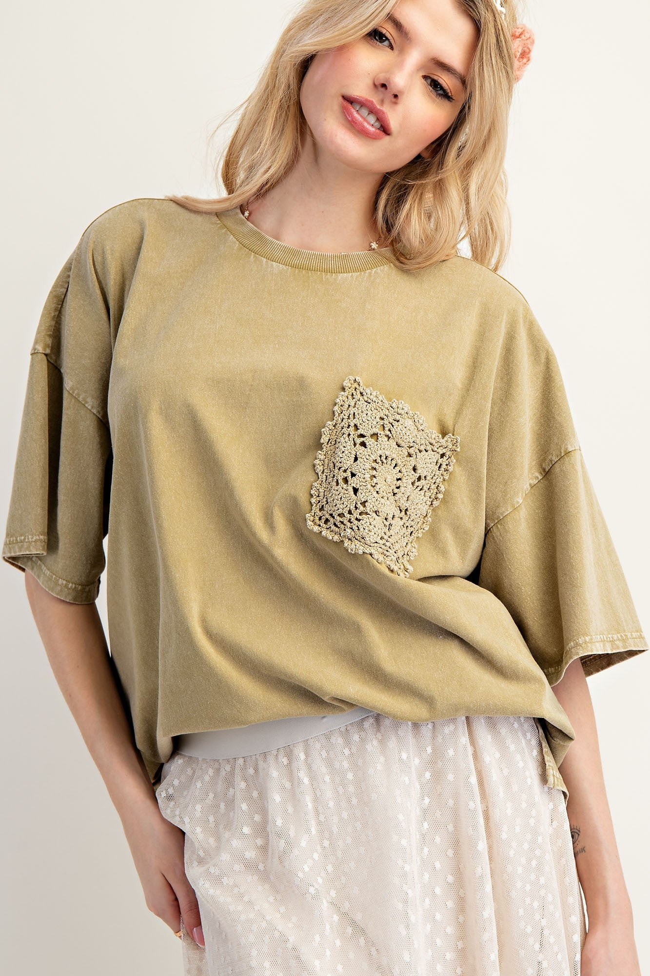 Brown Mineral Wash Crochet Pocket Top | PinkBlush Maternity