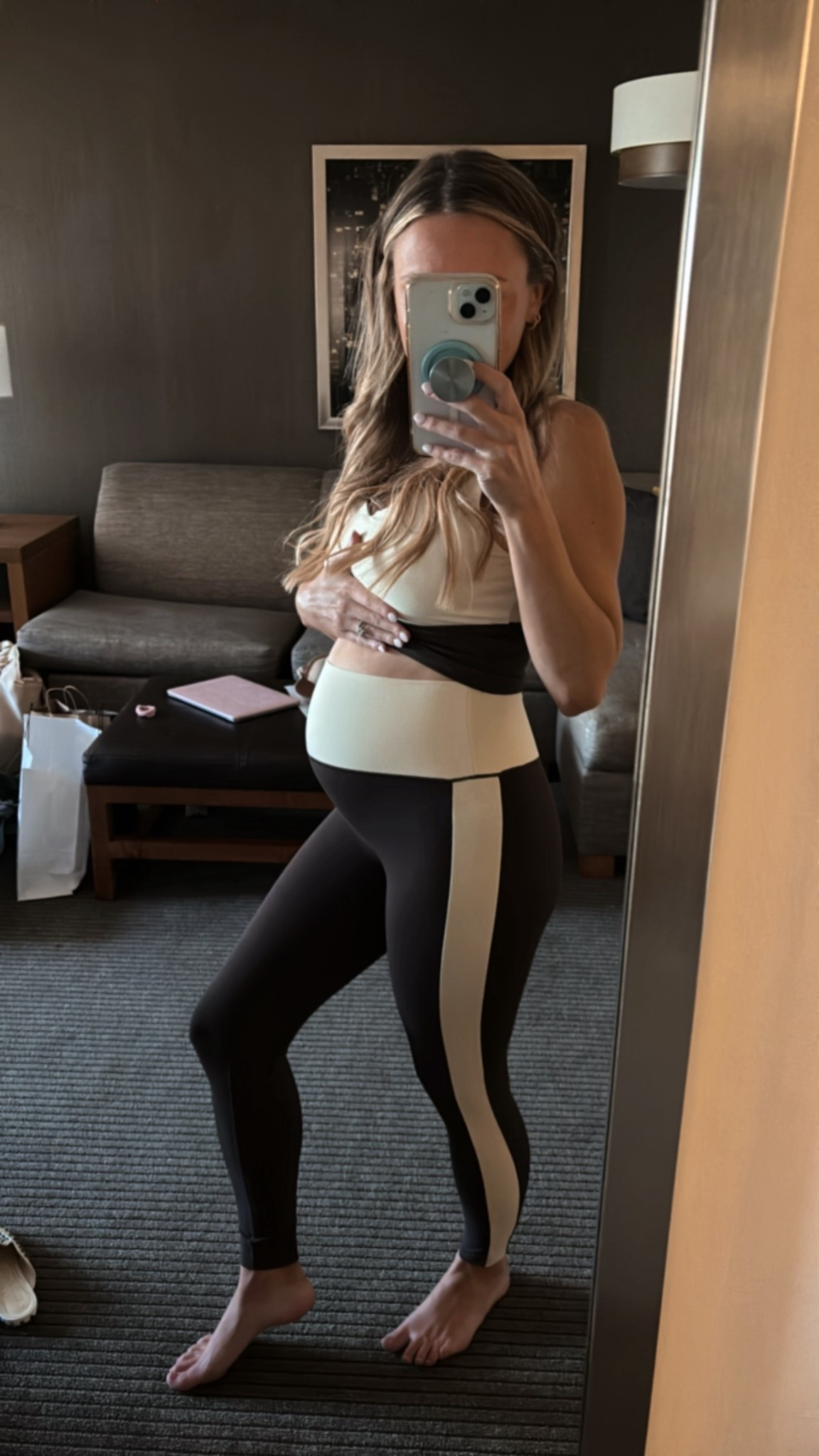 Freaking out over this athletic set from old navy, on sale 40% off!! Literally feels like butter on your skin and the color block is so perfect for fall! Wearing a size medium in top and bottom to accommodate the baby bump 🤝🏼 for reference I am petite, but wearing the regular and it fits perfectly 🫶🏼 snag this set for less than $50! 

#LTKSaleAlert #LTKBump #LTKPetite