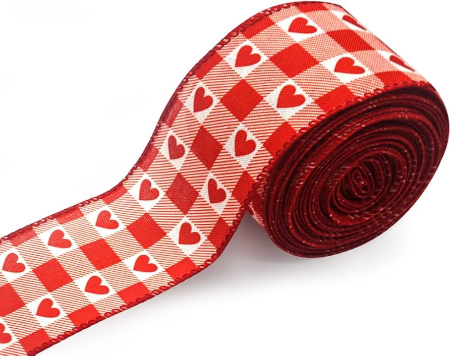 Valentine's Day Wired Edge Ribbons 2.5" 10 Yards, Red Buffalo Plaid Ribbon Red Heart Wrapping Rib... | Amazon (US)