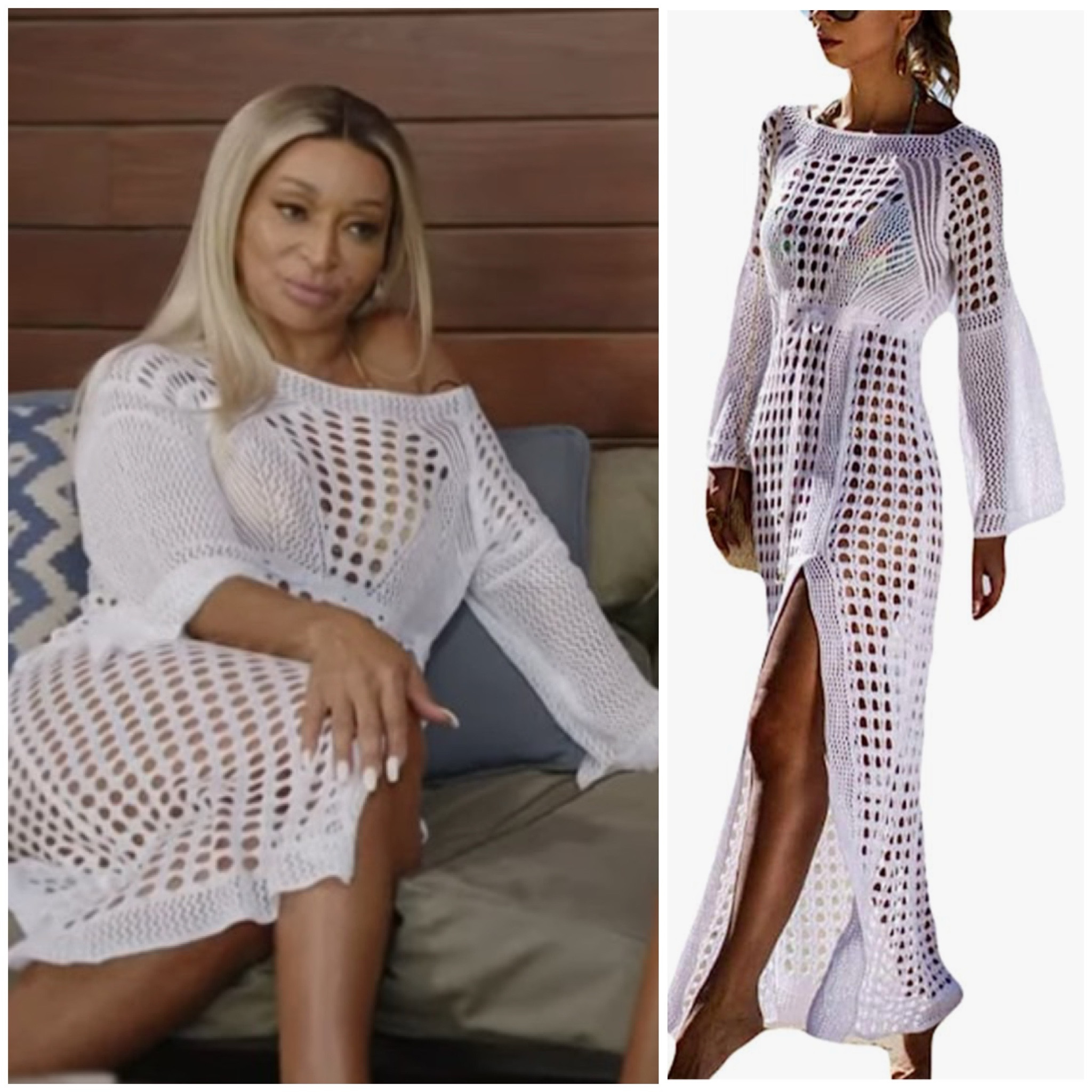 Karen Huger’s White Crochet Cover Up in Austin