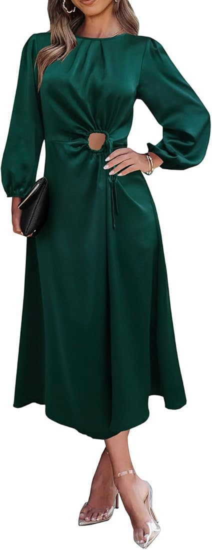 PRETTYGARDEN Women's 2022 Satin Fall Maxi Dress Puff Sleeve Crewneck Cutout Casual A-line Long Flowy | Amazon (US)