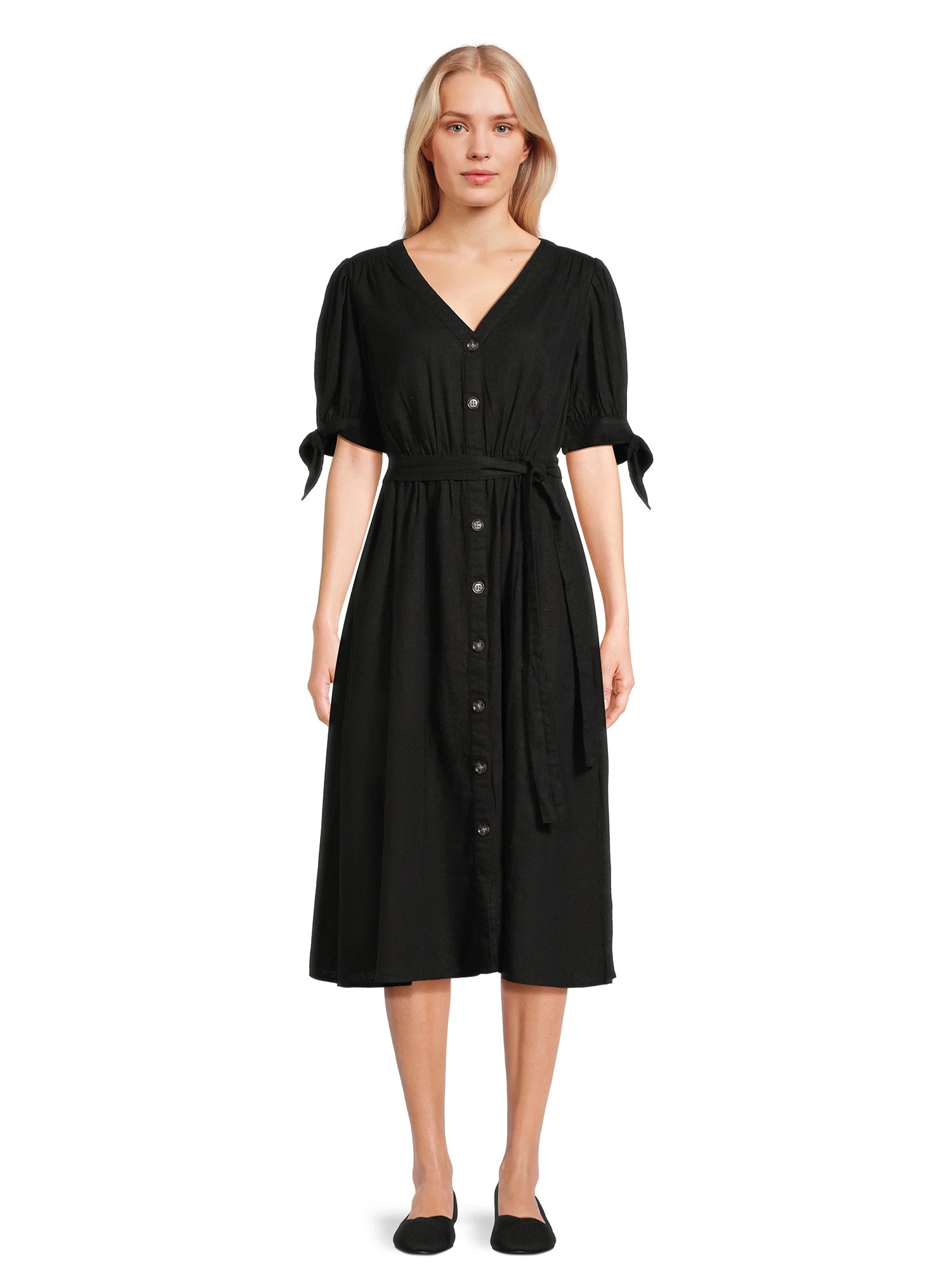 Time and Tru Women?s Tie Sleeve Linen Blend Midi Dress, Sizes XS-XXXL | Walmart (US)