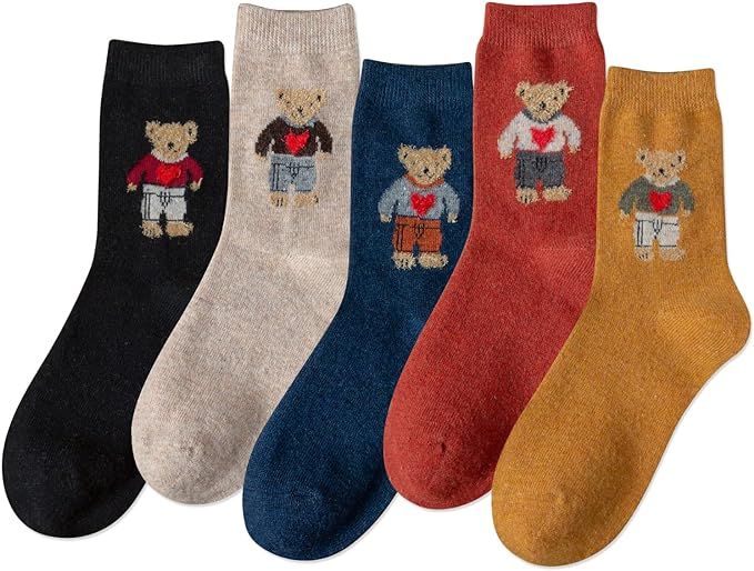 IIG Cute Warm Wool Socks for Women Super Cozy Thick Crew Winter Socks Gifts, 5 Pairs | Amazon (US)