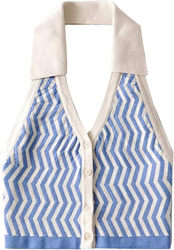 Women Fashion Halter Vest Y2K Striped Knitted Vest Slim Fit Halter Vest Streetwear Top | Amazon (US)