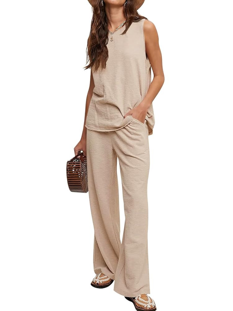 Tankaneo Womens 2 Piece Sets Summer Outfits Sleeveless Tank Tops and Wide Leg Pants Travel Vacati... | Amazon (US)