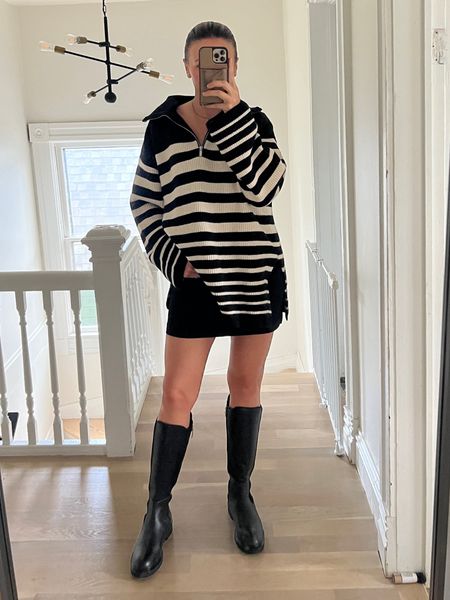 Mini skirt, oversized sweater, black riding boots 