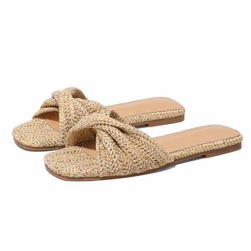 EQAUDES Summer Straw Flat Sandals for Women Espadrille Rattan Slides - Open Toe, Slip On, Wove Braided, Dress,Vacation, Wedding, Fashion | Amazon (US)