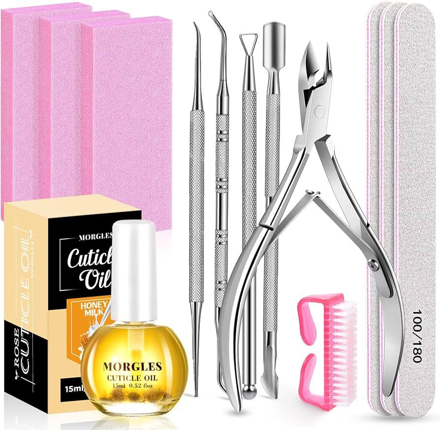 Nail File and Buffer with Cuticle Kit, MORGLES 3pcs Nail Files with 2pcs Nail Buffer Blocks, 5pcs... | Amazon (US)