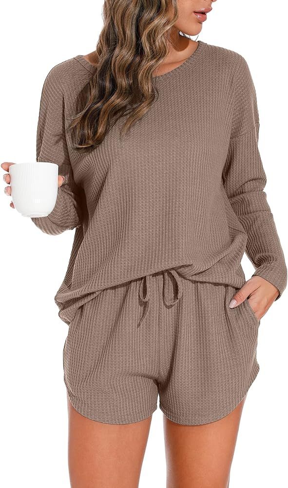 PrinStory Pajamas Set for Women Waffle Knit Lounge Set 2 Piece Outfits Loungewear Sweatsuit with ... | Amazon (US)