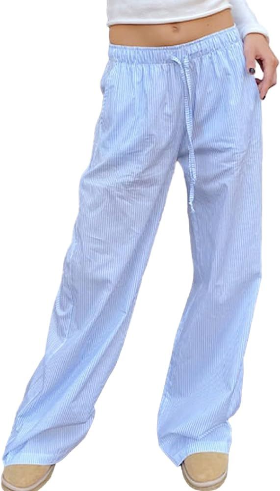 Muineobuka Women Y2k Striped Pants Wide Leg Stripes Print Lounge Pants High Waist Drawstring Stri... | Amazon (US)