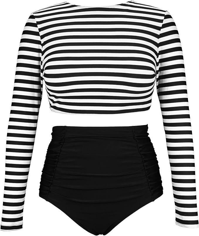 COCOSHIP Women's Long Sleeve Swim Shirt Rash Guard Top Tankinis Set High Waist Bathing Swimsuit(F... | Amazon (US)