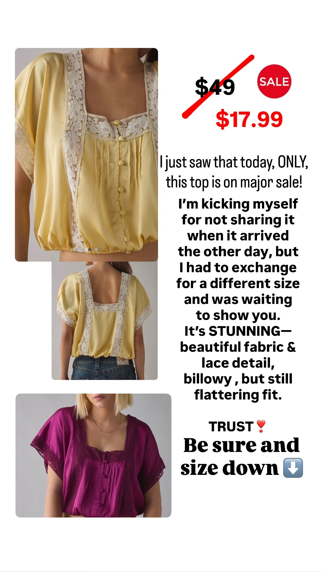 Hurry and add to cart while this beautiful top is on sale. Comes in the prettiest buttercream yellow, rich magenta and two floral colors. Be sure and size down⬇️
Perfect for Mother’s Day, date night, paired with a cute skirt for a country concert — honestly great for any spring occasion.
**discount available for new and existing members (pretty much just sign up/in with an email)

#LTKMothersDay #LTKOver40 #LTKSaleAlert