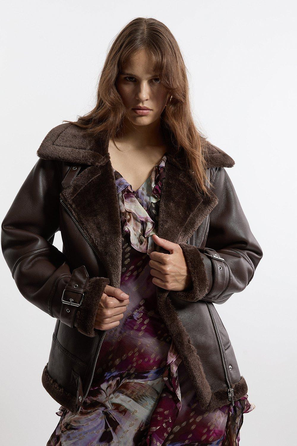 Faux Fur Zipped Longline Biker Jacket | Karen Millen UK + IE + DE + NL