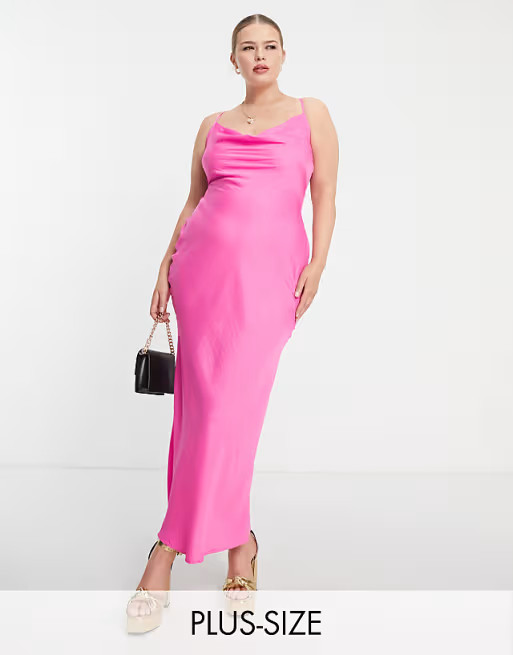 In The Style Plus exclusive satin cowl neck midi dress in pink | ASOS (Global)