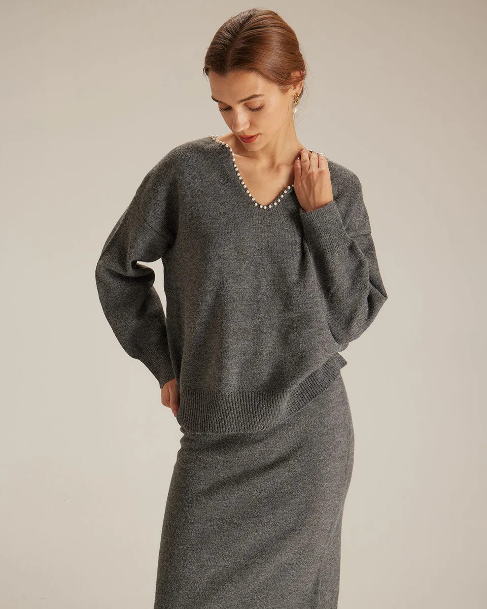 The Gray V Neck Drop Shoulder Sweater Suit & Reviews - Grey - Two-Piece Outfits | RIHOAS | rihoas.com