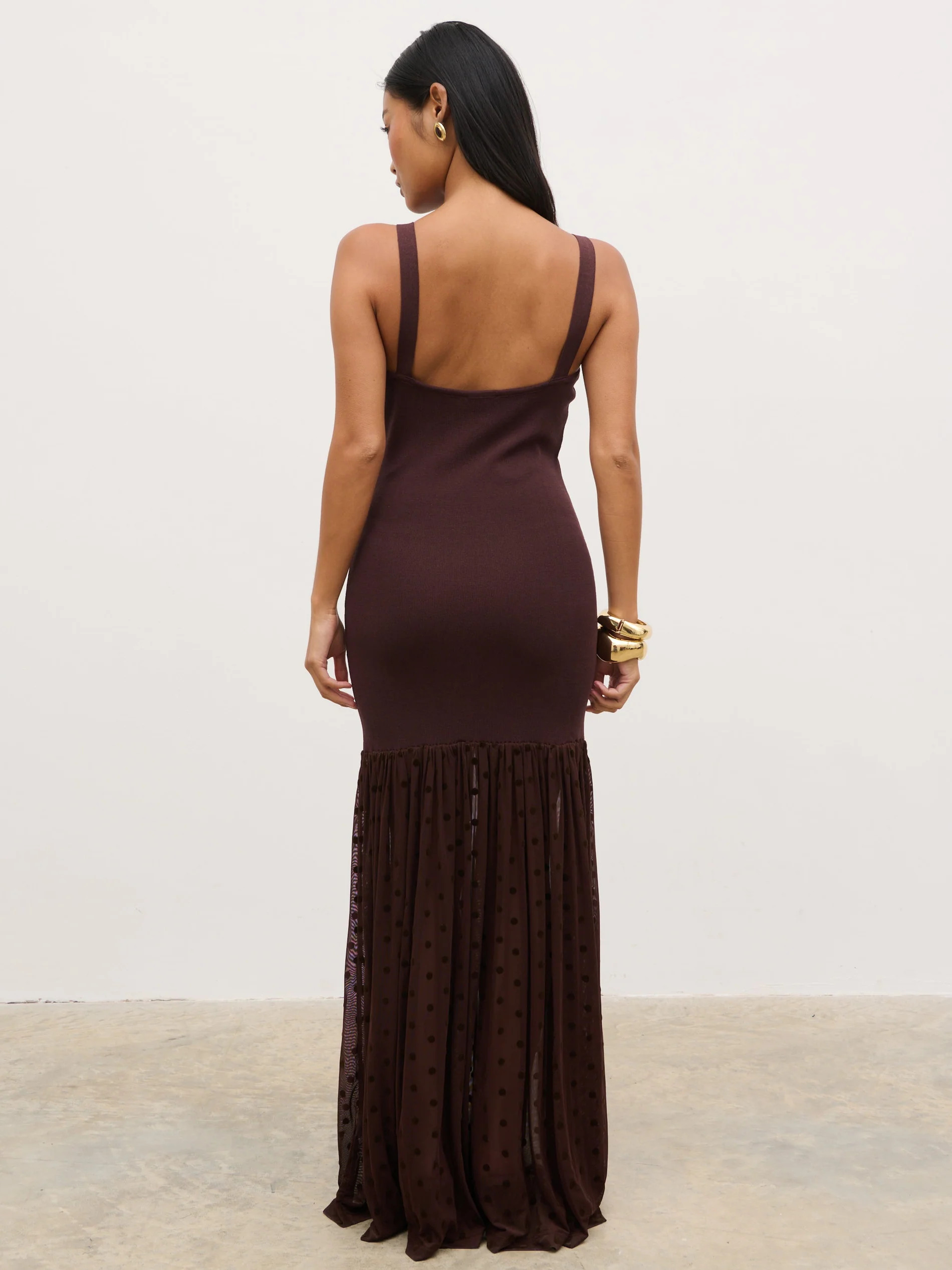 Rebecca Polka Dot Knit Woven Maxi Dress - Chocolate and Cream | Pretty Lavish (UK)