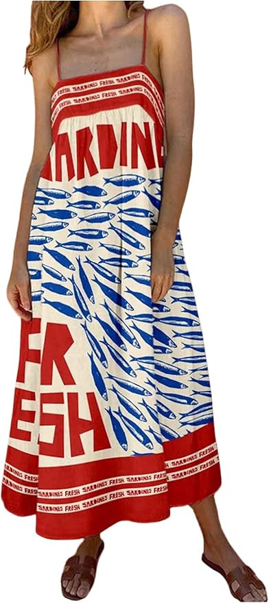 SOLY HUX Women's Sundress Graphic Print Color Block Spaghetti Strap Flowy Summer Long Cami Dress | Amazon (US)