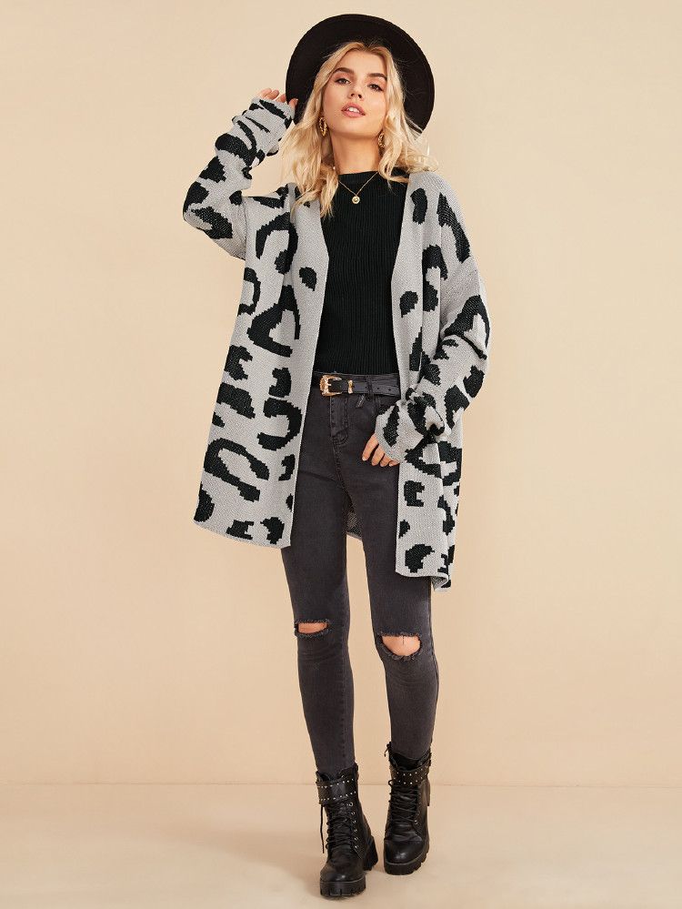 Drop Shoulder Open Front Leopard Print Cardigan | SHEIN