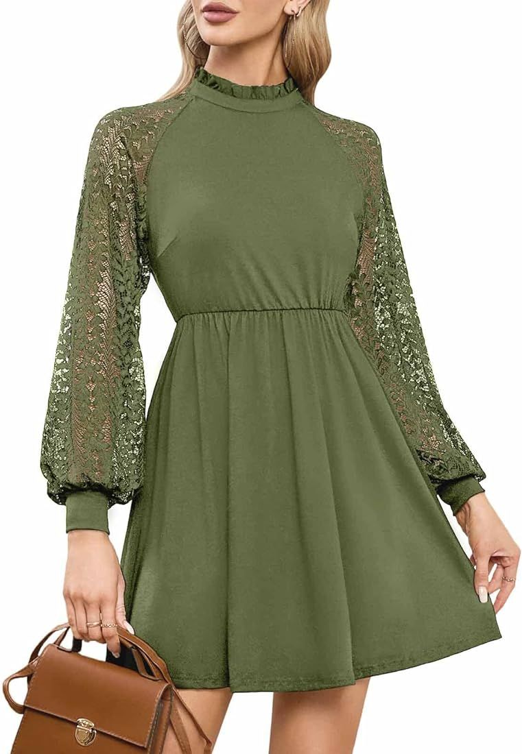 EXLURA Womens Lace Tshirt Mini Dress Ruffle High Neck Long Sleeve Formal Dress Wedding Guest Cock... | Amazon (US)