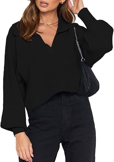 Kisscynest Women's V Neck Cropped Sweater Lantern Sleeve Ribbed Knit Lapel Collar Pullover Top Lo... | Amazon (US)