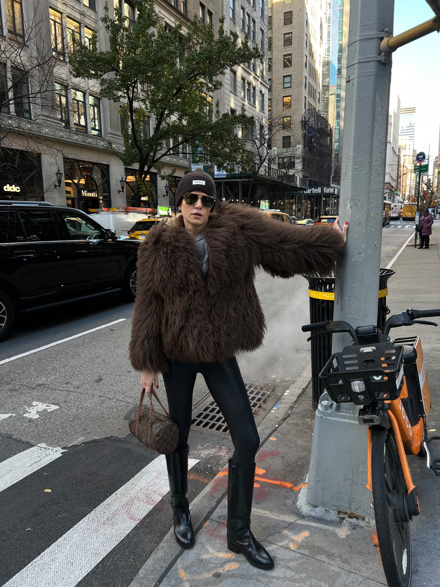 Mongolian fur coat, Spanx leggings, sezane boots, LV papillon, adanola hat, leggings 

#LTKuk #LTKstyletip #LTKwinter