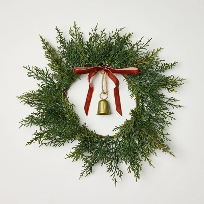 12" Mini Cypress with Brass Bell and Red Ribbon Wreath - Hearth & Hand™ with Magnolia | Target