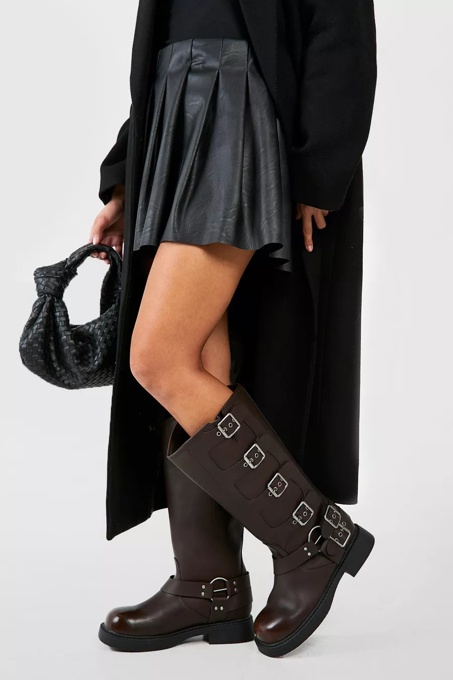 Multi Buckle Burnished Pu Chunky Knee High Boots | boohoo (US & Canada)