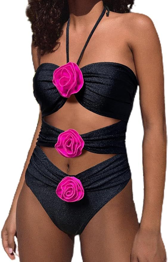 BIKINX Sexy One Piece Swimsuit for Women Cutout Halter Tops Bathing Suits 3D Flower Decor Monokin... | Amazon (US)