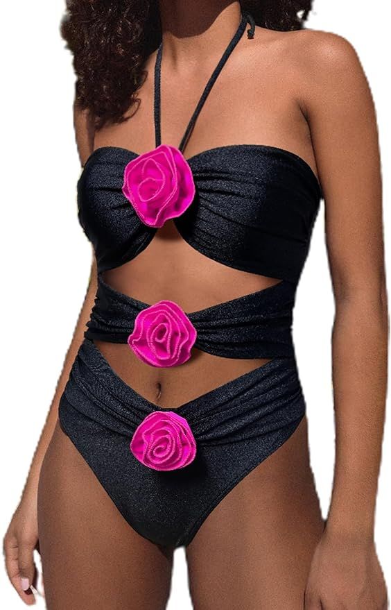 BIKINX Sexy One Piece Swimsuit for Women Cutout Halter Tops Bathing Suits 3D Flower Decor Monokin... | Amazon (US)