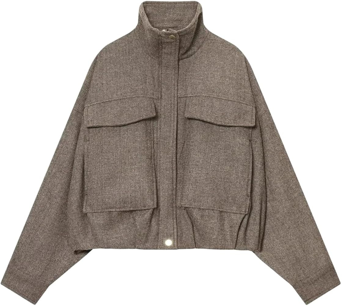 Womens Herringbone Lantern Jacket High Neck Zip Up Pockets Pleated Hem Jacket | Amazon (US)