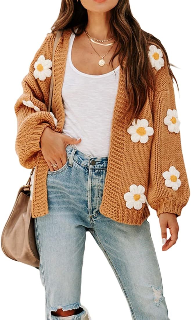 Women Crop Cardigan Sweater Long Puff Sleeve Strawberry V Neck Button Y2K Knit Cardigan Kawaii Cr... | Amazon (US)