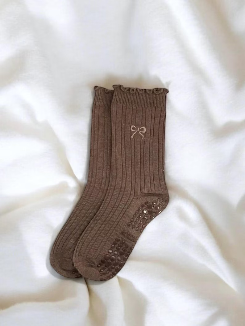 Brown Pilates Socks: Embroidered Bow, Non-slip Grip - Etsy | Etsy (US)