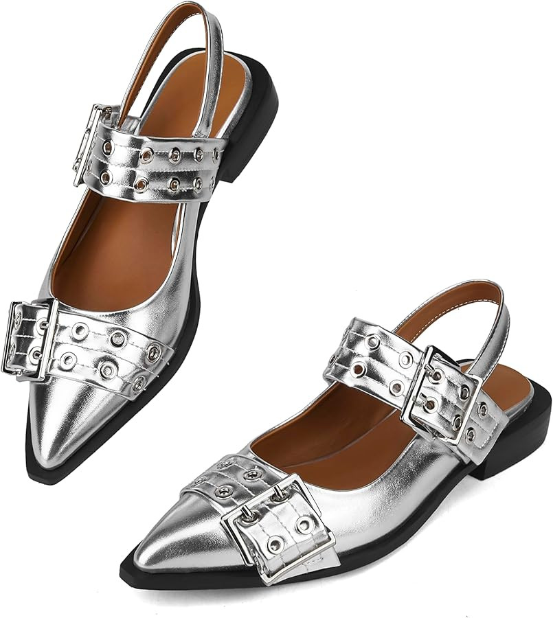 Arqa Women's Buckle Ballet Flats Slingback Wide Welt Buckled Flat Silver Eyelets Ballerina Shoes | Amazon (US)