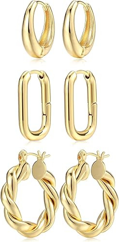 Gold Hoop Earrings for Women, 14K Real Gold Plated Lightweight Chunky Gold Hoops Earrings for Gif... | Amazon (US)